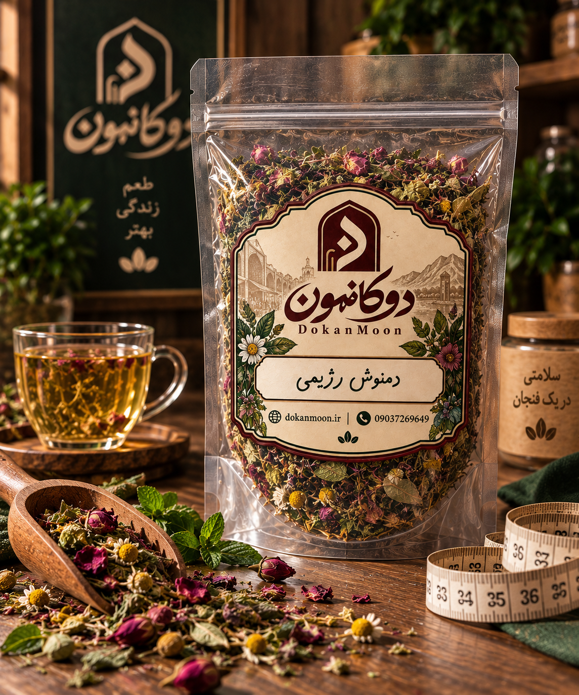 بسته دمنوش لاغری گیاهی با گیاهان خشک در کنار فنجان دمنوش