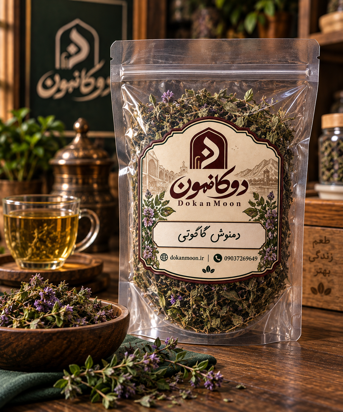 دمنوش کاکوتی کوهی با برگ‌های خشک سبز در فنجان و قوری شیشه‌ای